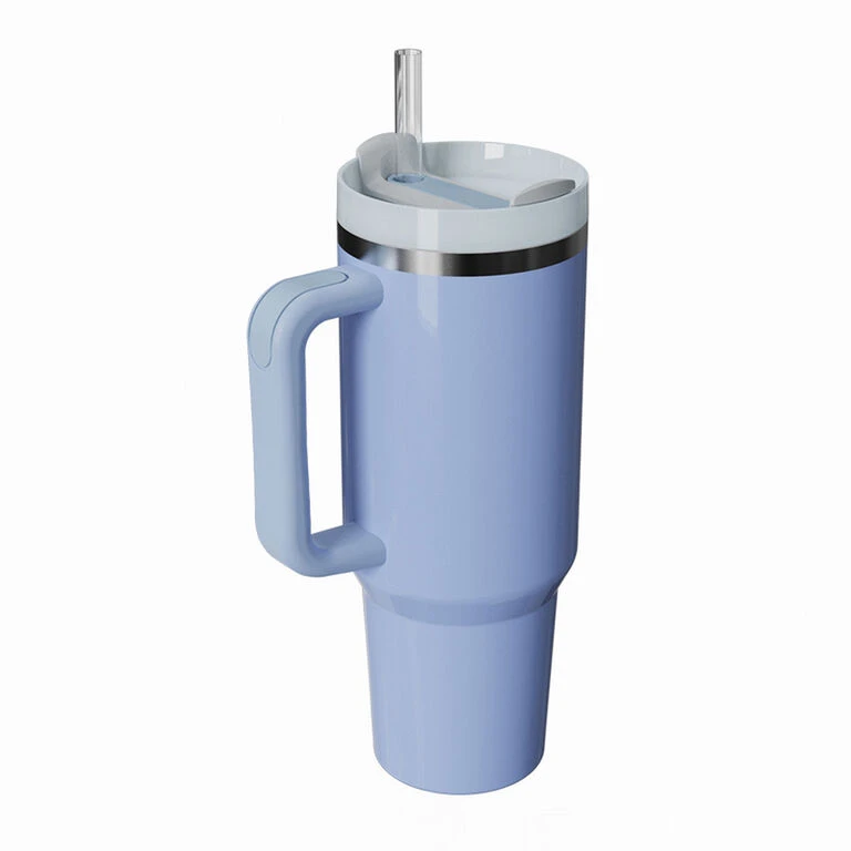 Blue Insulated Stainless Steel Travel Mug With Straw, 40 Oz. 3 Blue Insulated Stainless Steel Travel Mug With Straw, 40 Oz.