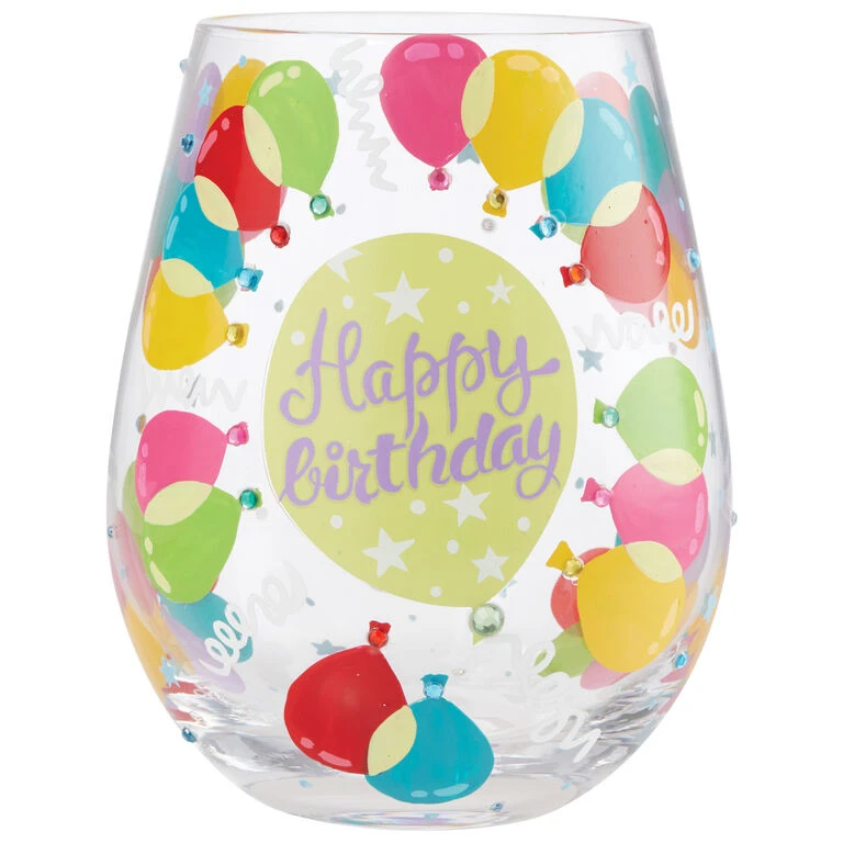 Lolita Happy Birthday Balloons Handpainted Stemless Wine Glass, 20 Oz. 3 Lolita Happy Birthday Balloons Handpainted Stemless Wine Glass, 20 Oz.